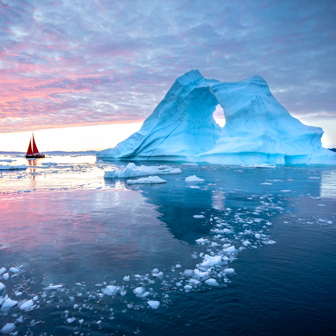 Ilulissat, Greenland's famous Disko Bay with massive icebergs on Air Journey's owner-flown flying adventure