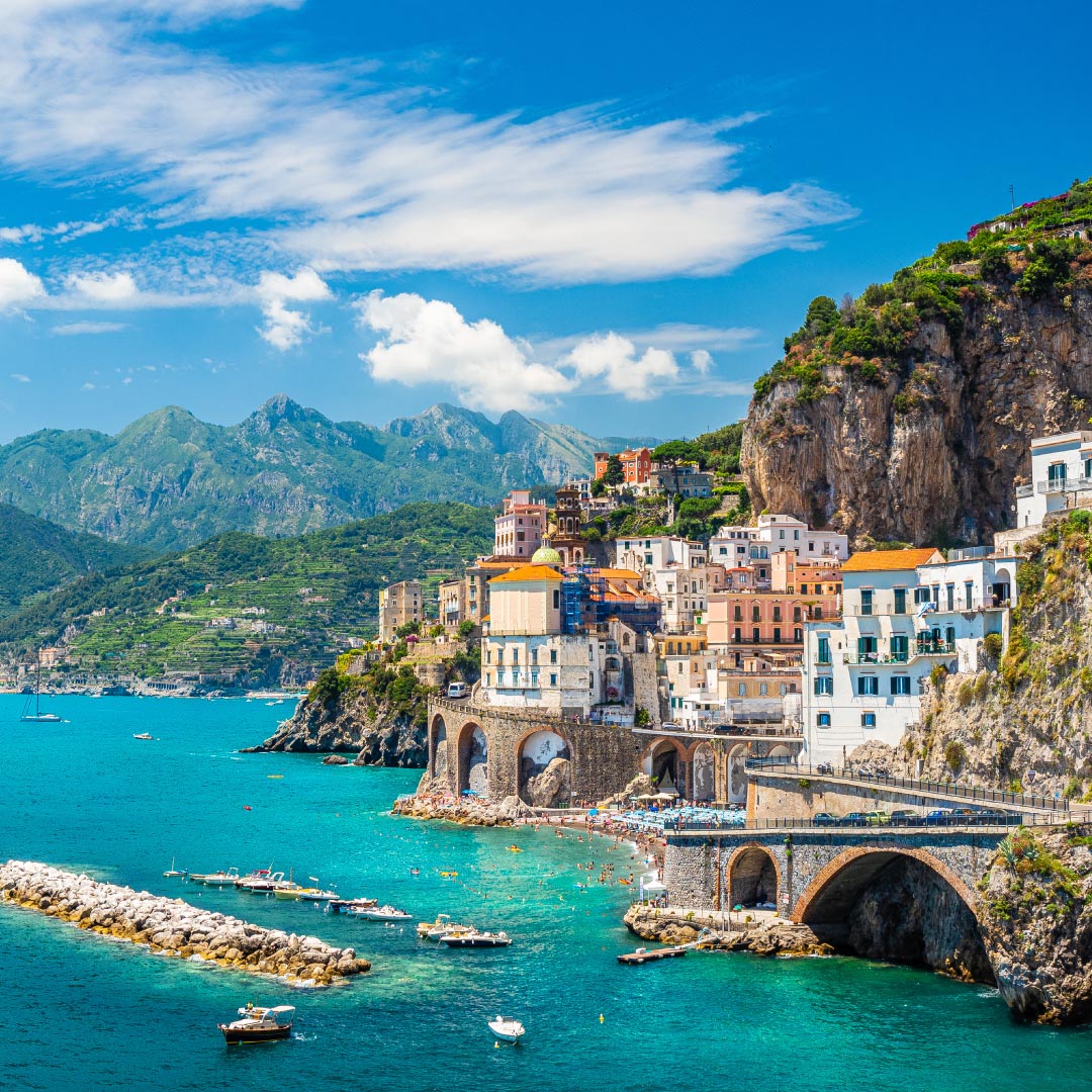 Captivating Amalfi Coast panorama, enticing self-flying pilots to embark on a European adventure in their own aircraft.