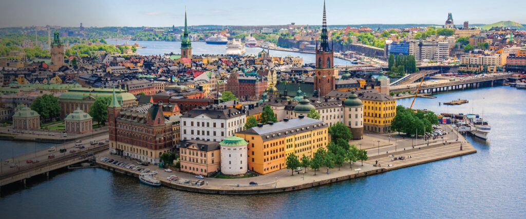 Panoramic view of Stockholm, Sweden, captivating self-flying pilots with their own aircraft, offering a breathtaking introduction to Europe's Scandinavian charm, where historic architecture meets modern innovation amidst the beauty of the Baltic Sea.