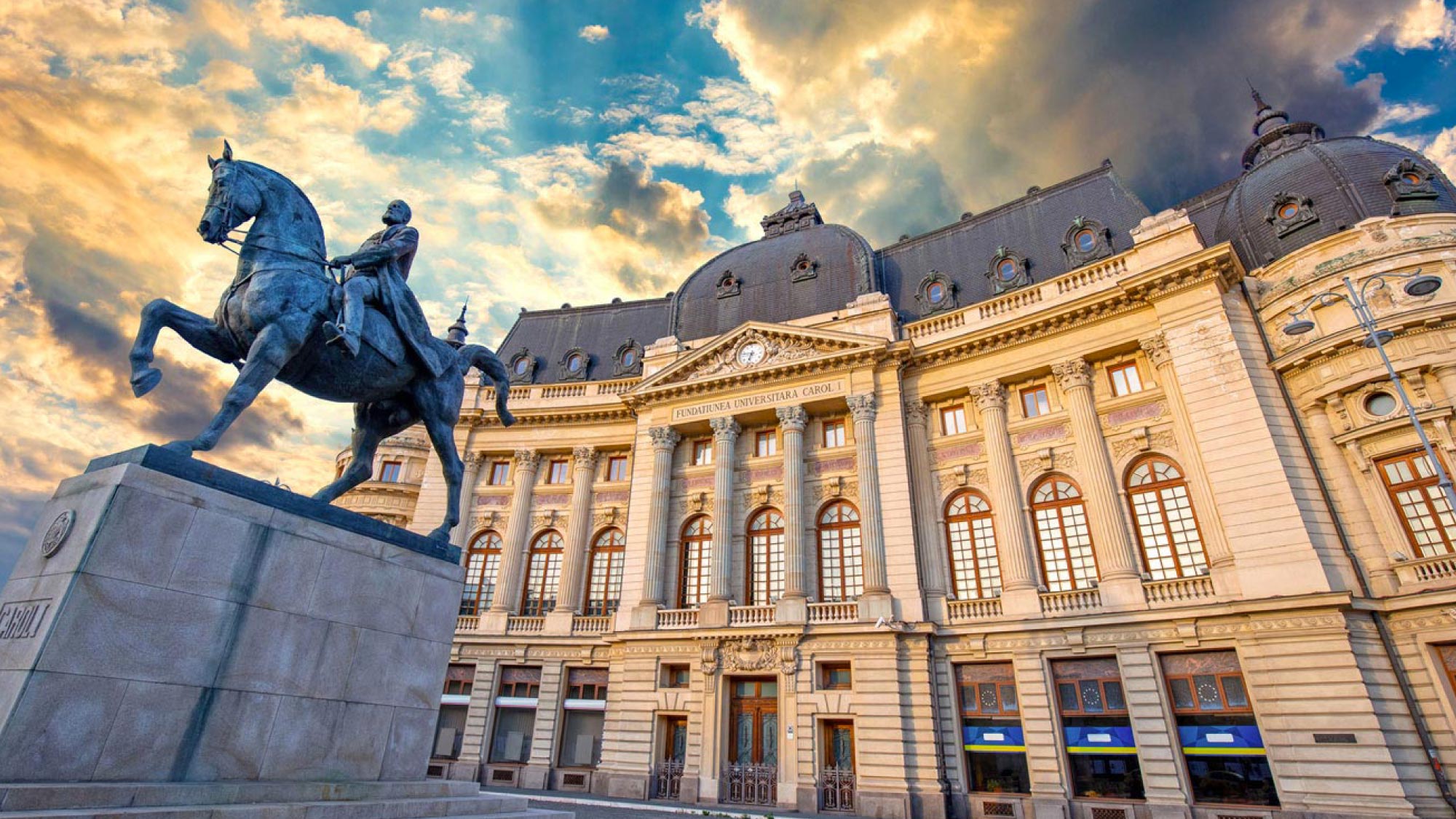 A charming view of the cityscape of Bucharest, Romania, showcasing a blend of historic architecture, tree-lined boulevards, and modern buildings. Bucharest is a highlight of a journey to Australia, visiting 21 countries, perfect for travelers who fly and own their own airplanes.