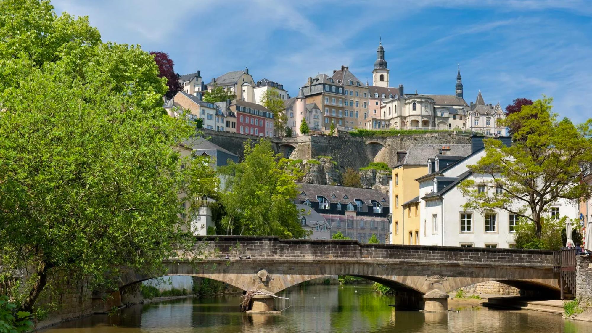 A picturesque view of Luxembourg City, featuring its iconic medieval fortifications, historic buildings, and lush greenery. Luxembourg is a highlight of a journey to Australia, visiting 21 countries, ideal for travelers who fly and own their own airplanes.