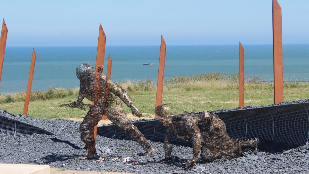 Compelling image capturing the historic D-Day sites in Normandy, France, enticing self-flying pilots to explore Europe's rich aviation and cultural heritage firsthand.