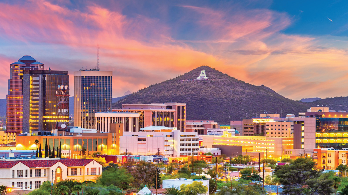 A captivating aerial perspective of Tucson, Arizona, revealing its rugged desert landscape and sprawling urban areas. Pilots who fly and own their own airplanes will find Tucson an ideal stopover on their journey to Mexico, offering a gateway to adventure and exploration in the Southwest.