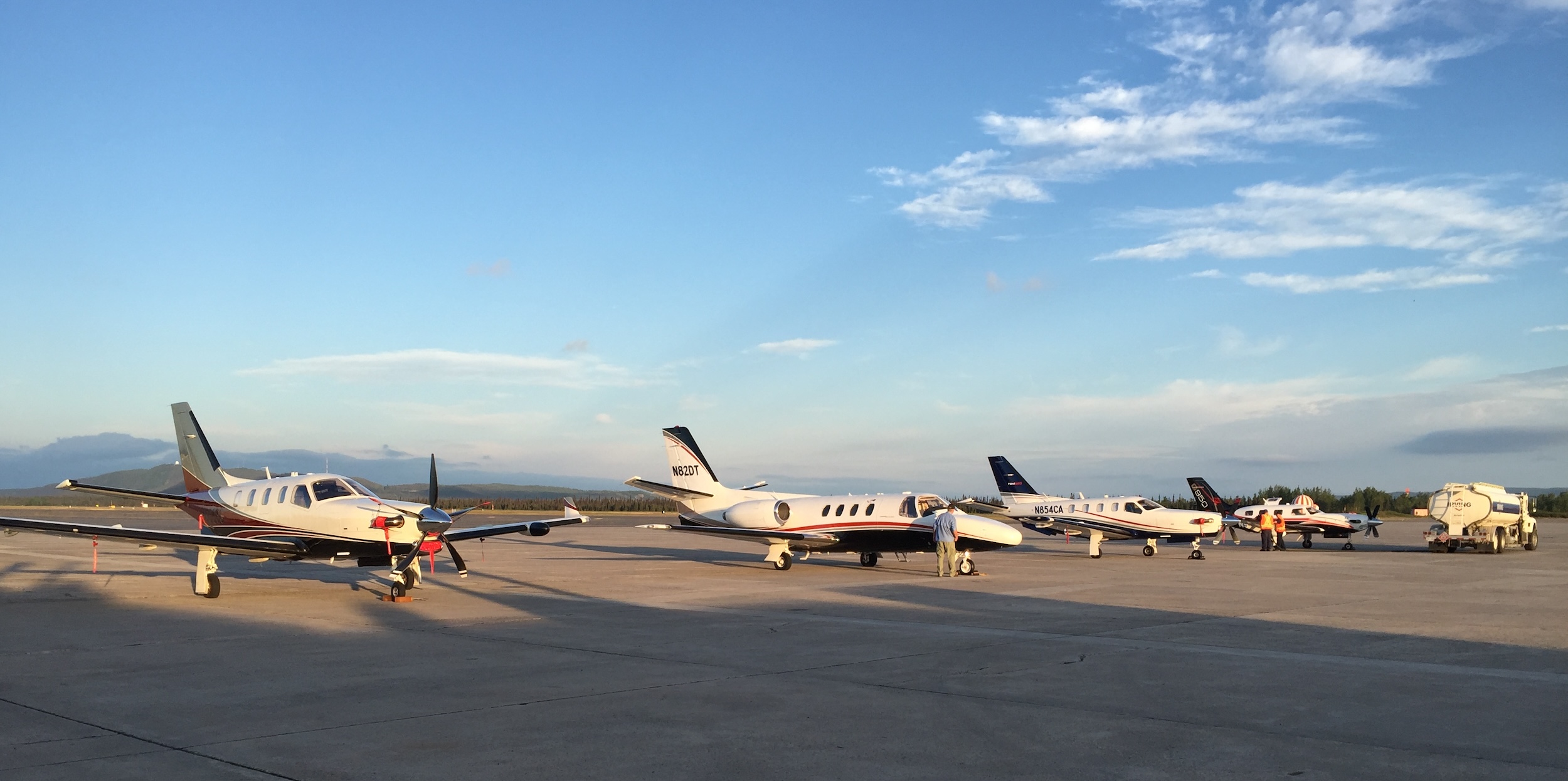 Group of owner-flown TBM and Citation airplanes on the ramp in Kuujjuaq, Canada, on a self-flying adventure