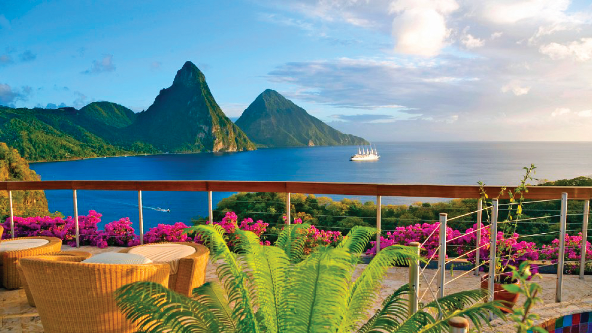 A stunning view from the terrace of Jade Mountain Hotel in Castries, St. Lucia, overlooking the azure waters of the Caribbean Sea. Tailored for self-flying pilots