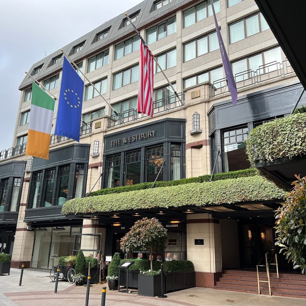 A welcoming entrance to the Westbury Hotel in Dublin, Ireland, invites self-flying pilots to indulge in the luxury and charm of Irish hospitality while exploring the historic streets and vibrant culture of the Emerald Isle.