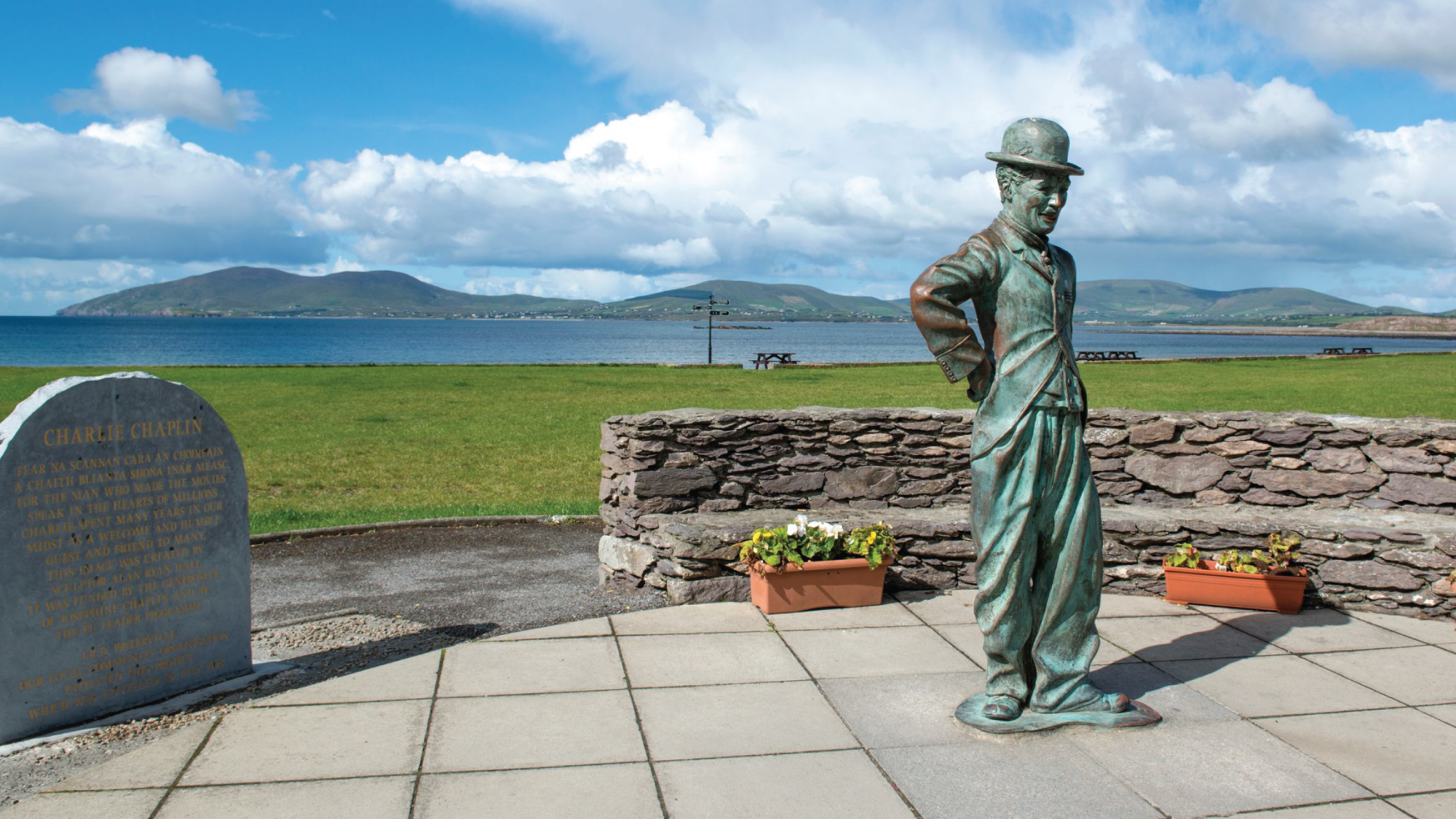 iconic Charlie Chaplin Monument in Kerry, Ireland, celebrating the legendary actor's connection to the region.