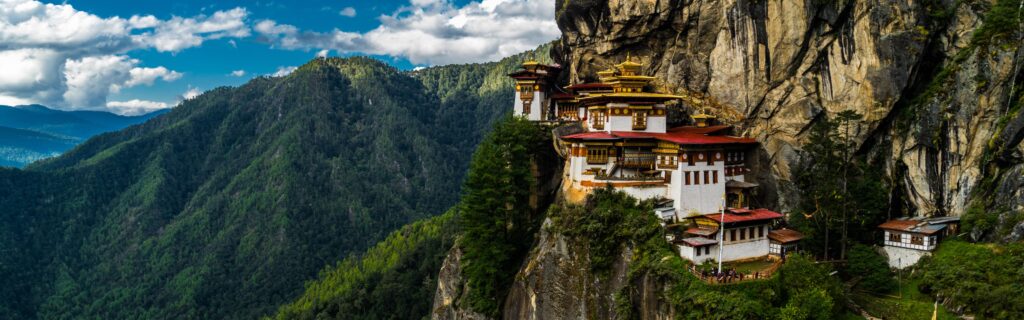 View of Tiger's Nest Monastery perched on a cliffside in Paro, Bhutan