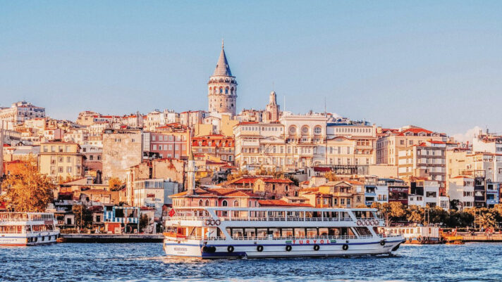 The Bosphorus strait with boats and historic landmarks.